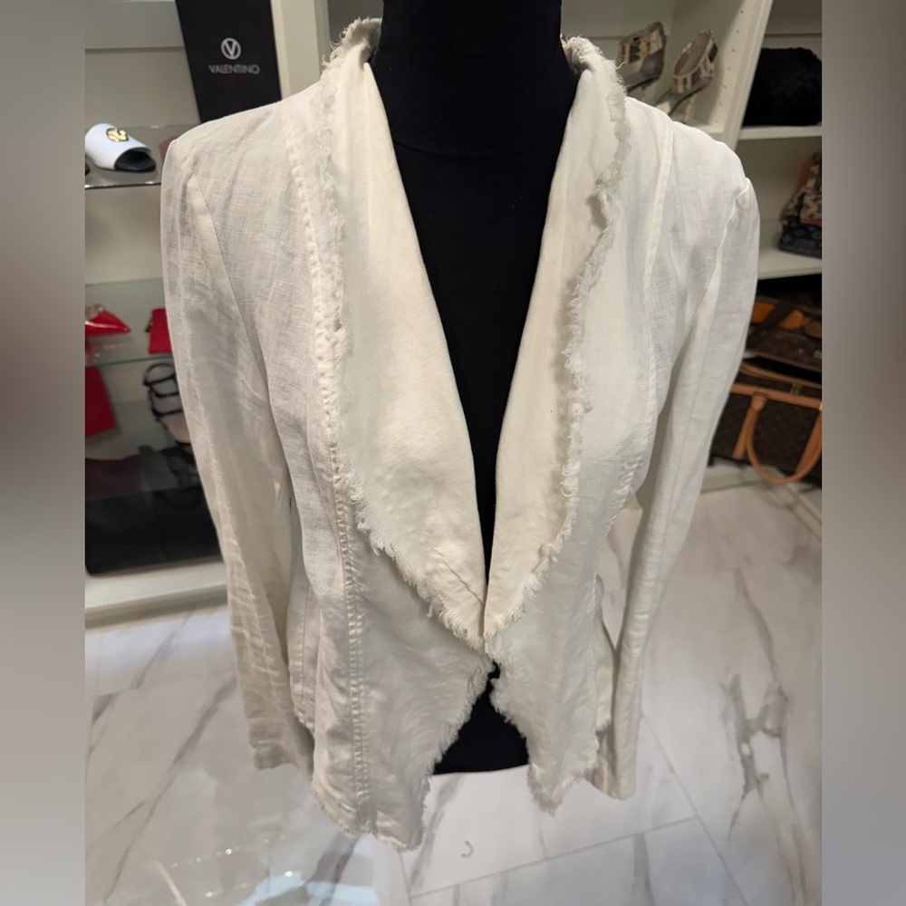 INC International concepts White Linen jacket with Frayed Edge Jacket SzL